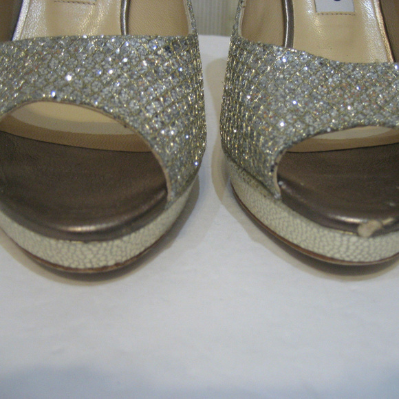 JIMMY CHOO Luna Champagne Gltter Peep Toe Size 38